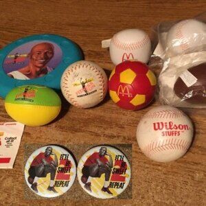 LOT OF 11 MCDONALDS SPORTSBALL MICHAEL JORDAN FUN FITNESS HAPPY MEAL TOYS BUTTON